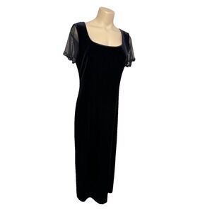 Vintage Black Velour Sheer Sleeve Maxi Sheath Dress 90s Women's 10‎ Evening Glam